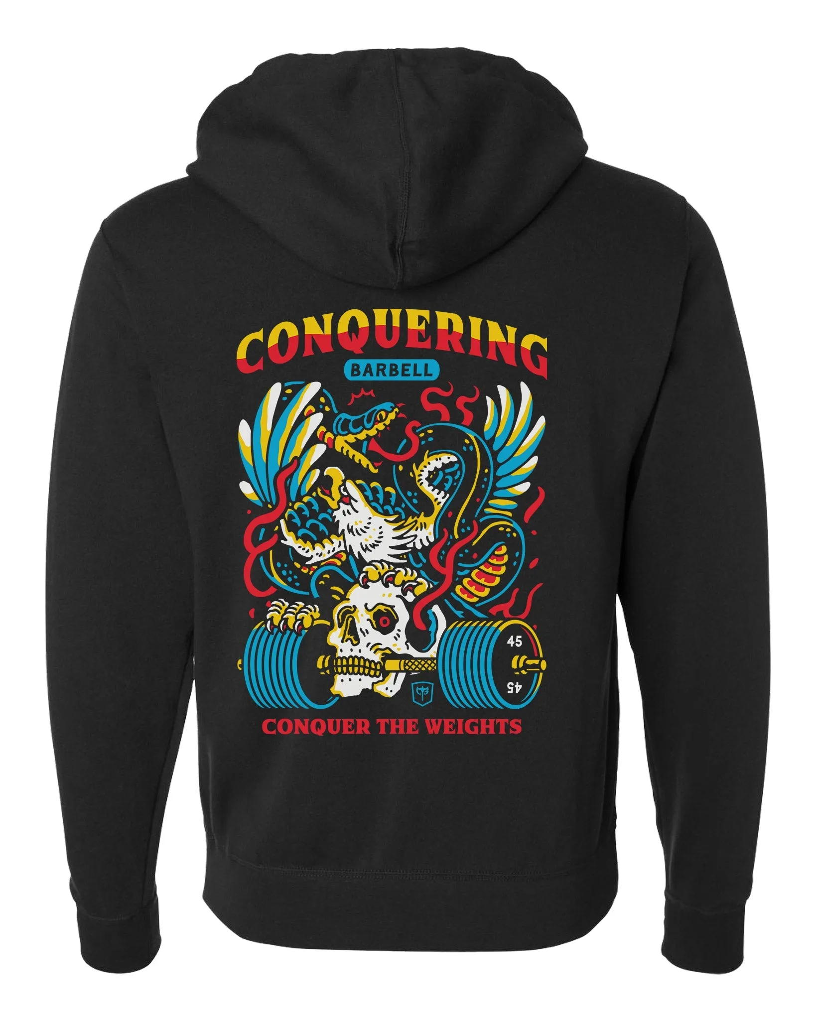 Conquer the Weights - Air Raid - on Black Pullover Hoodie