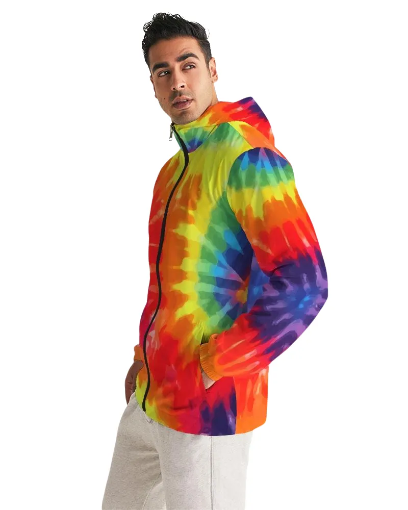 Mens Hooded Windbreaker - Rainbow Tie-Dye Water Resistant Jacket - JL330X